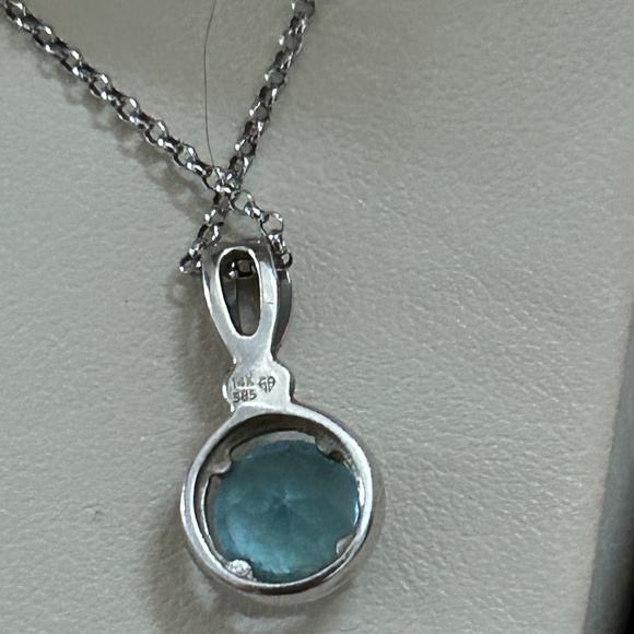 14k White Gold Blue Topaz Pave Pendant 585/14k White Gold Necklace Chain - Picture 2 of 3
